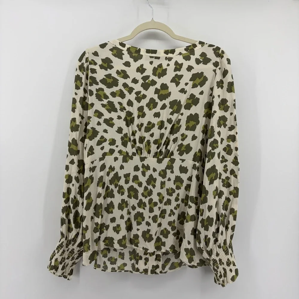 LOFT Women Large White Olive Green Leopard Print Rayon Button Front Blouse L‎